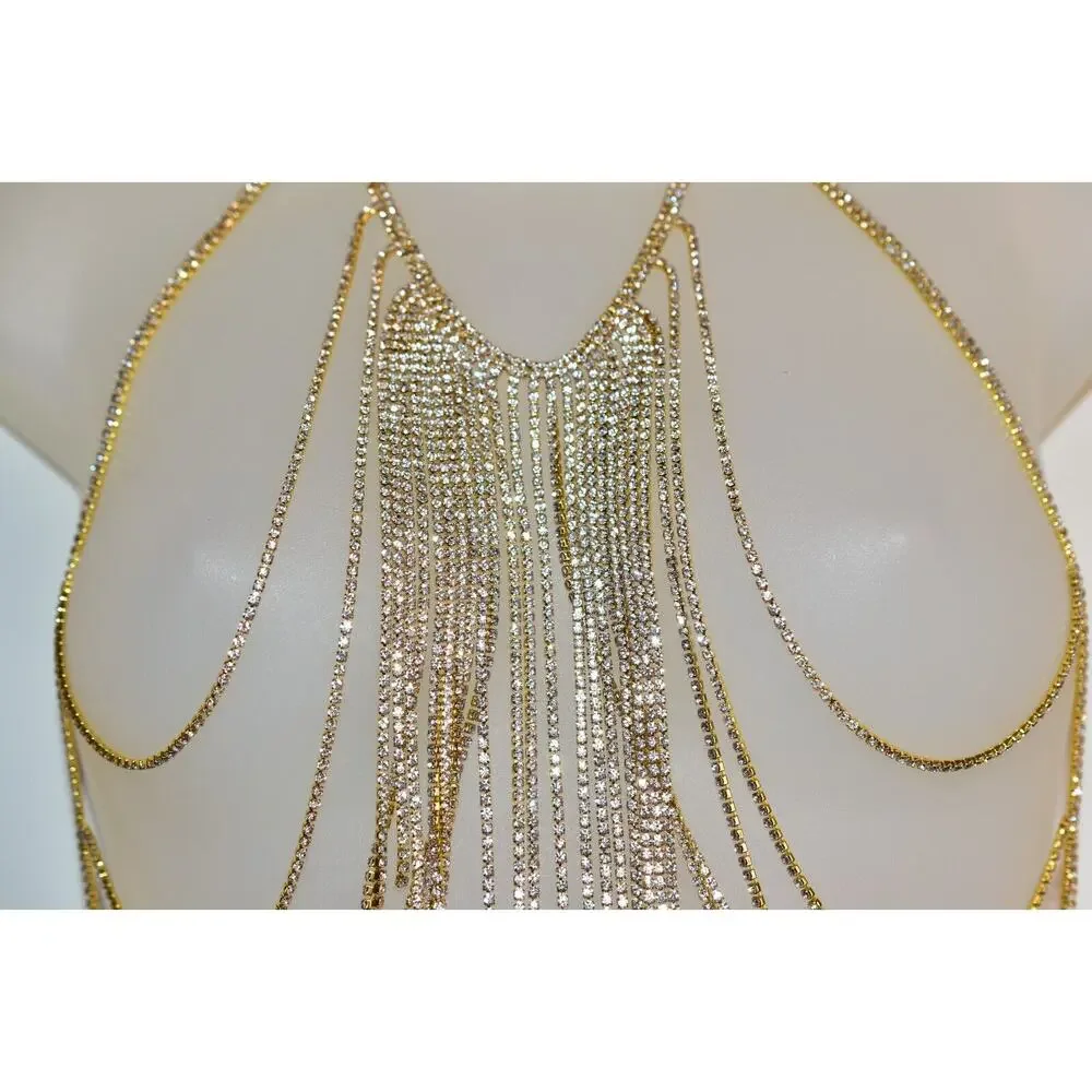 Vintage Body Necklace Top Wrap Rhinestone Crystal Gold Tone Fringe Chain Belt